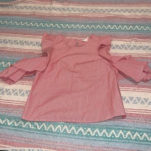 Club Monaco red and white striped blouse with ruffles and shoulder cutouts